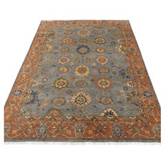 8x10 Blau Grau Rost Türkisch Oushak Handgeknüpft Wollteppich ( P - 10122 )