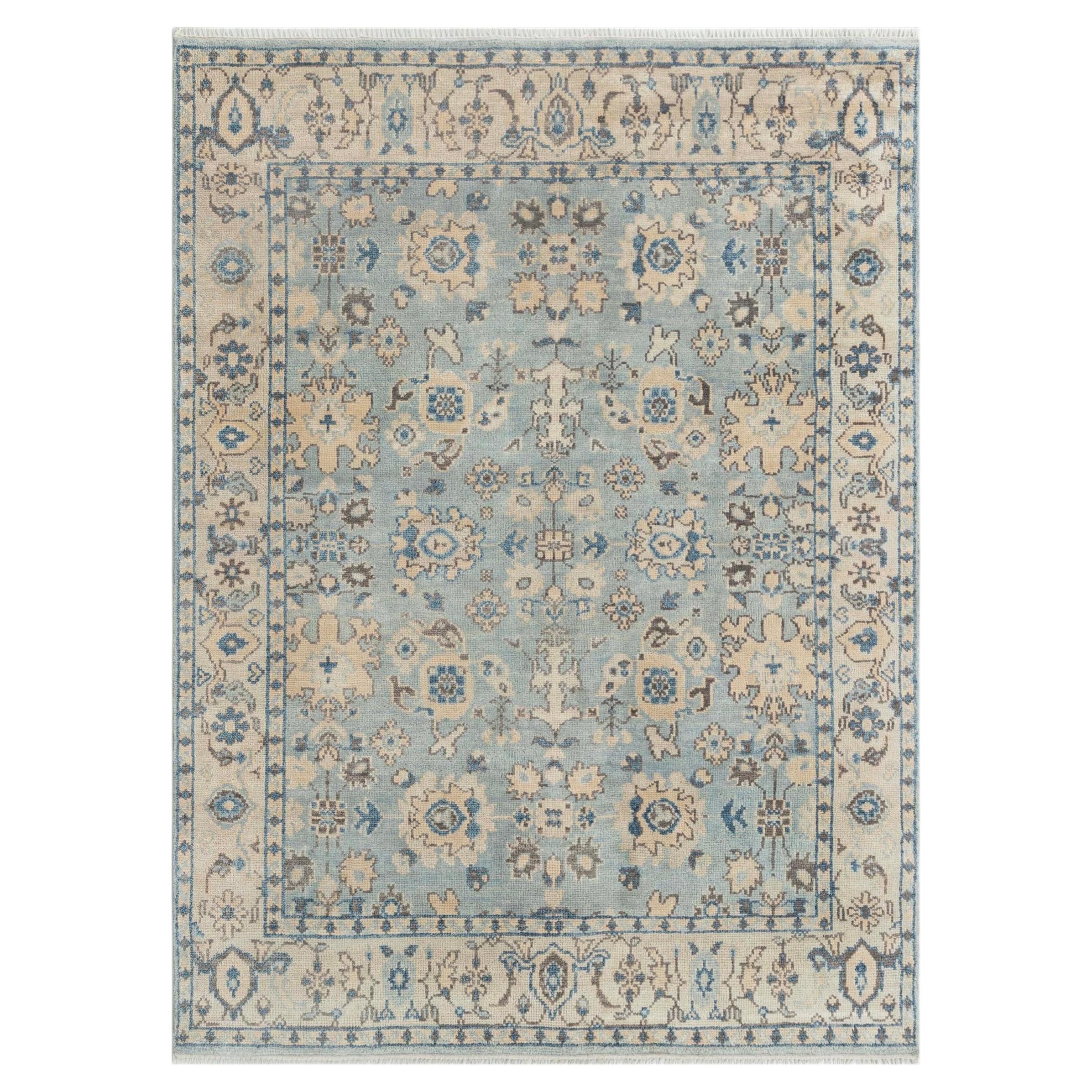 8x10 Blu Beige Crema Ornato Bordo Floreale Tappeto in Lana Annodato a Mano ( G-14683 )