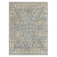 8x10 Blu Beige Crema Ornato Bordo Floreale Tappeto in Lana Annodato a Mano ( G-14683 )