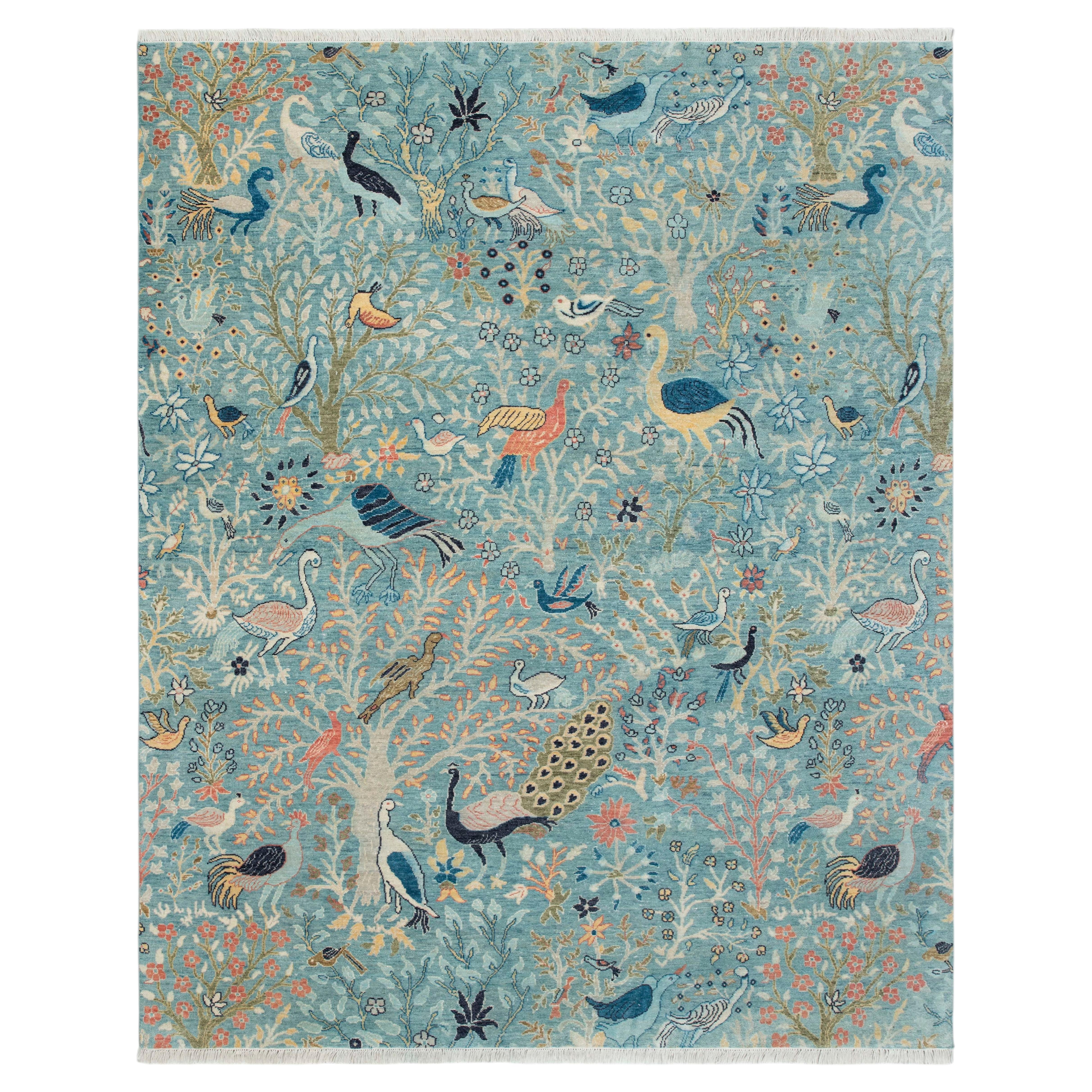 8x10 Blue Birds Peacock Garden Hand Knotted Oushak Wool Rug ( JC-13553 )