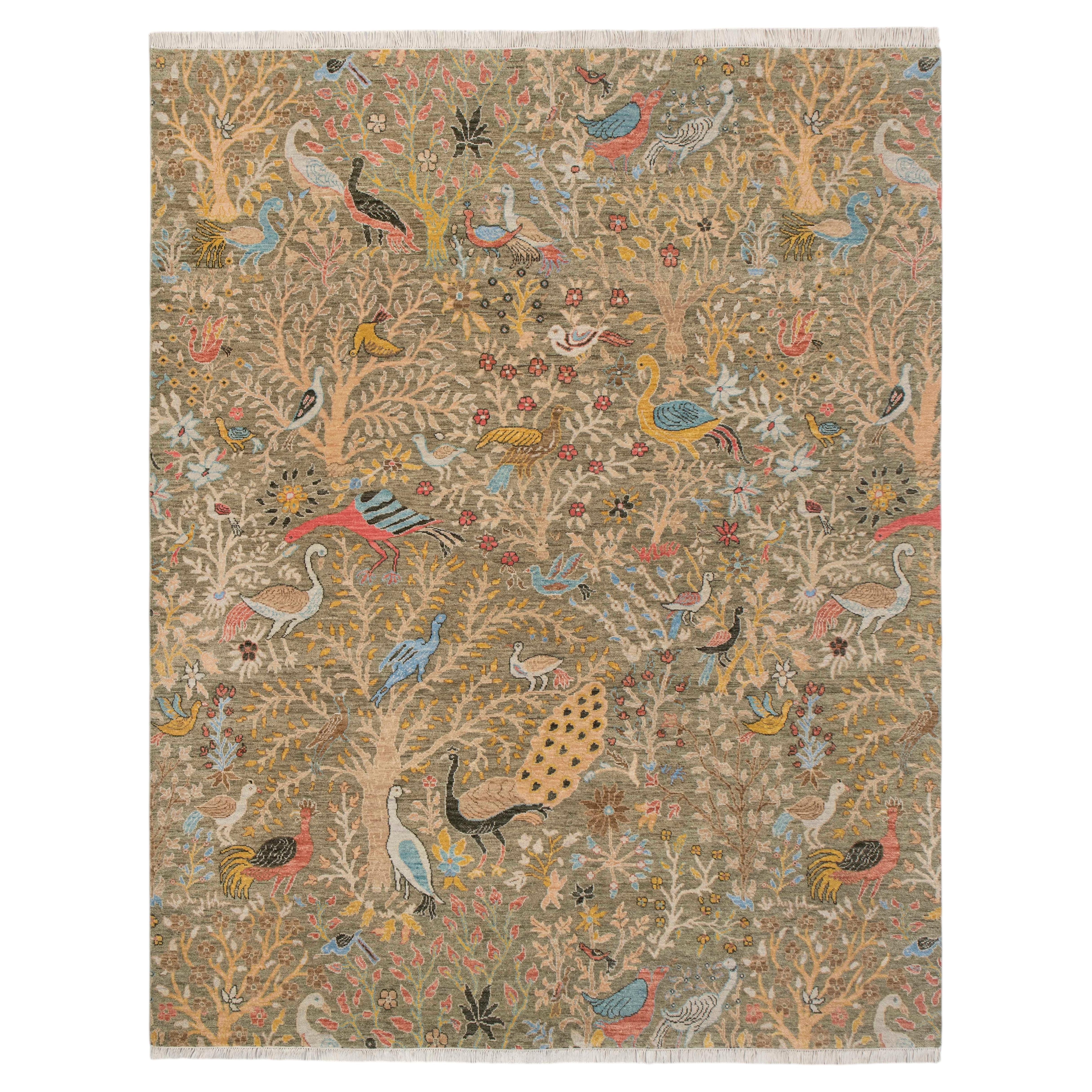 12x15 Grün Vögel und Pfauen Garten Handgeknüpfter Wollteppich ( JC-10517 )