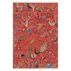 12x15 Red Colorful Birds And Peacocks Garden Hand Knotted Wool Rug ( JC-8194 )