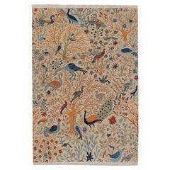 10x14 Elfenbein Bunte Vögel und Pfauen Garten Handgeknüpfter Wollteppich ( JC-7418 )