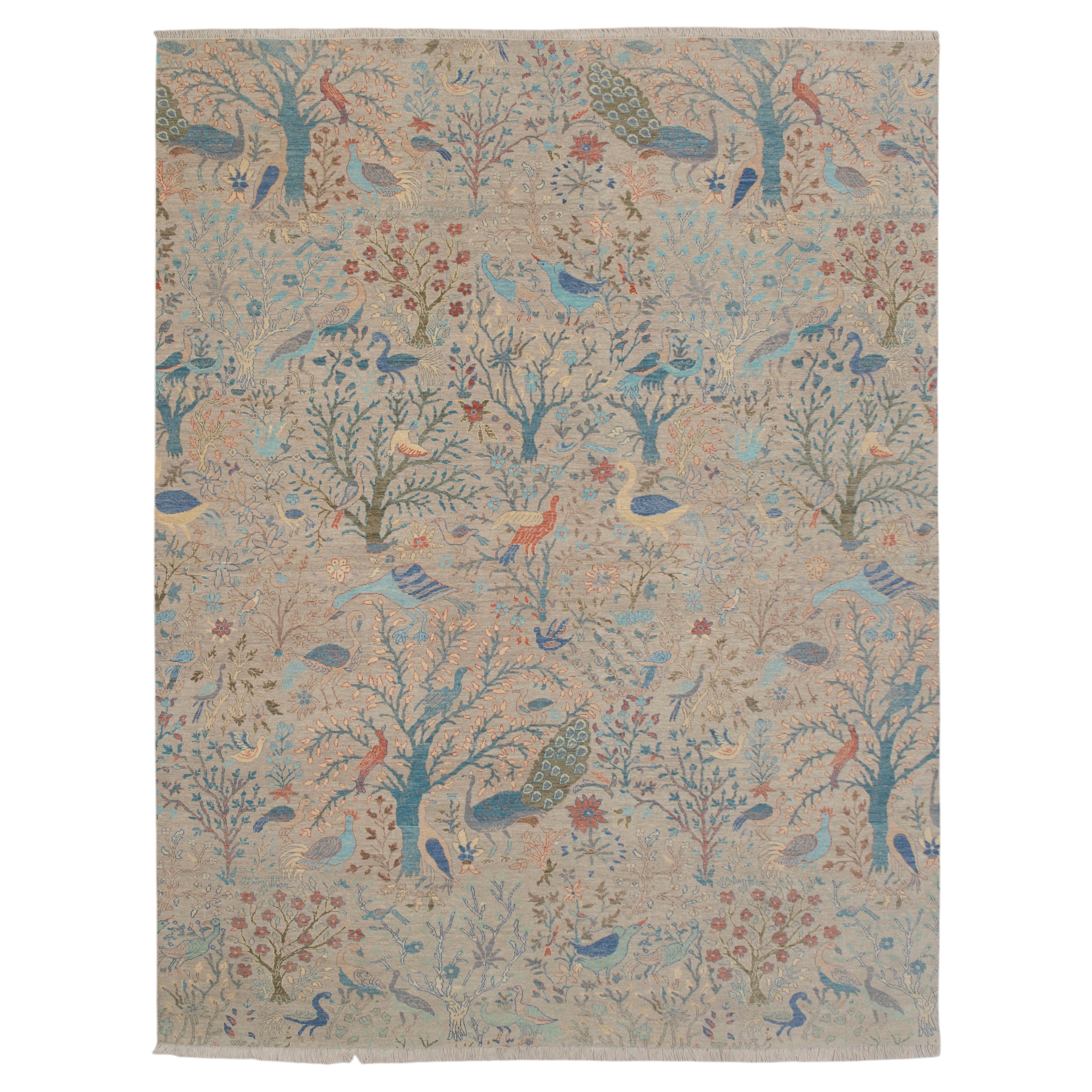 10x14 Gray Colourful Birds And Peacocks Garden Hand Knotted Wool Rug ( JC-8249 )