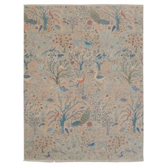 10x14 Gray Colourful Birds And Peacocks Garden Hand Knotted Wool Rug ( JC-8249 )
