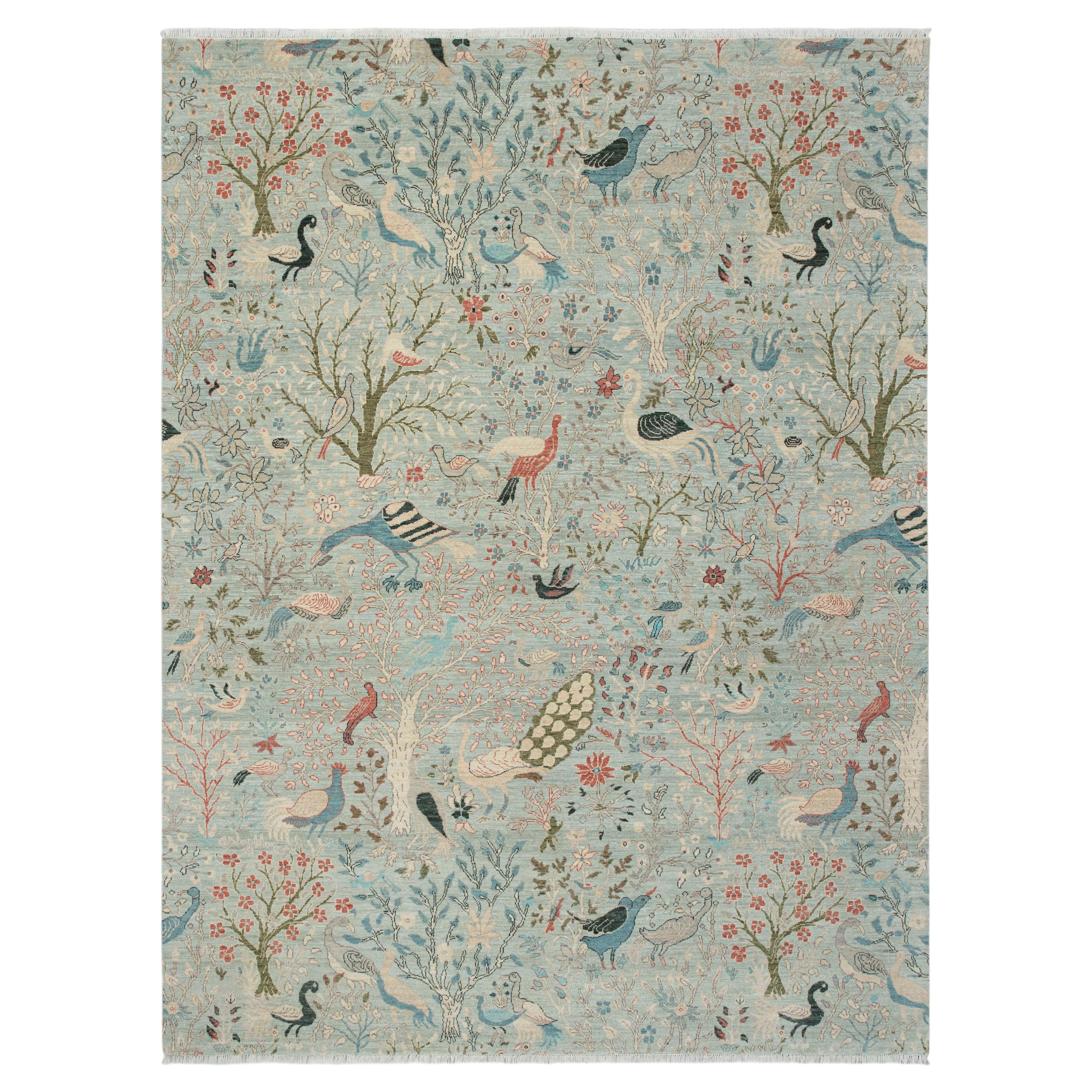 9x12 Light Blue Tree Of Life Birds Peacock Garden Handmade Wool Rug ( JC-13192 )