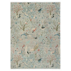 9x12 Light Blue Tree Of Life Birds Peacock Garden Handmade Wool Rug ( JC-13192 )