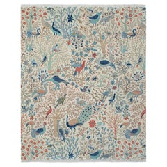 8x10 Ivory Gray Birds Peacock Garden Hand Knotted Oushak Wool Rug ( JC-13005 )