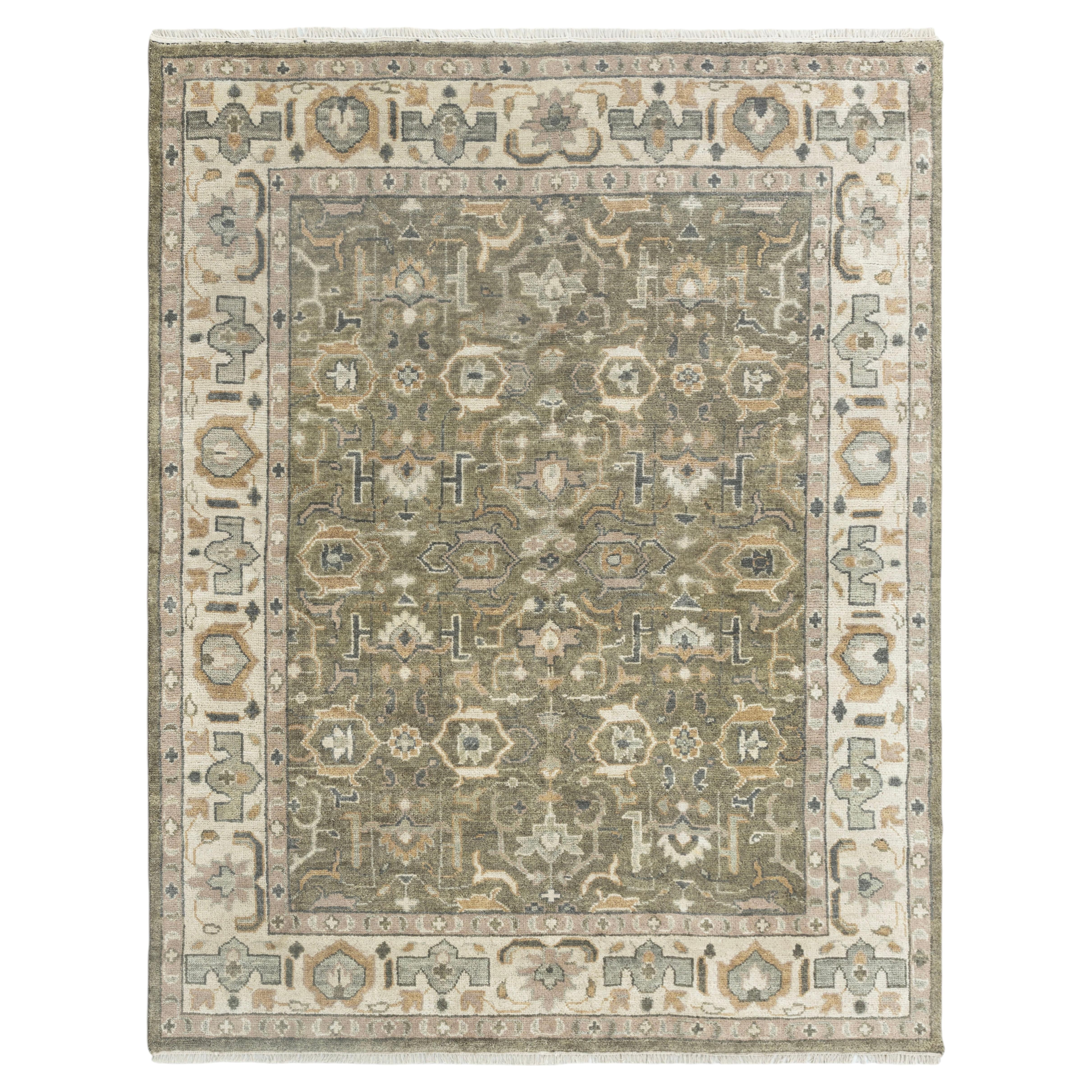 8x10 Muted Sage and Ivory Vintage Turkish Oushak Handwoven Wool Rug ( G-14645 )
