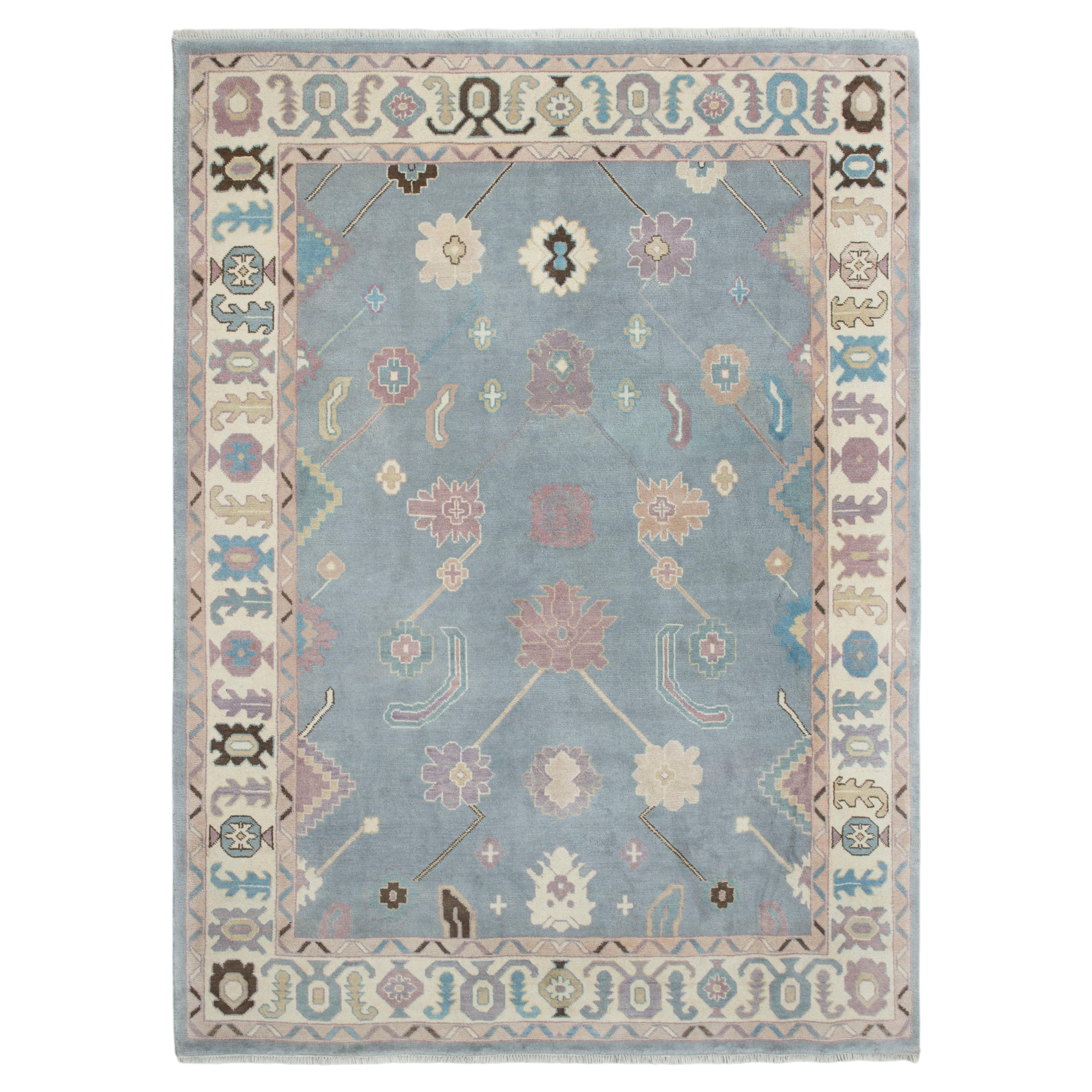 9x12 Elfenbeinblau Handgeknüpfter Türkischer Oushak Wollteppich ( G-14623 )