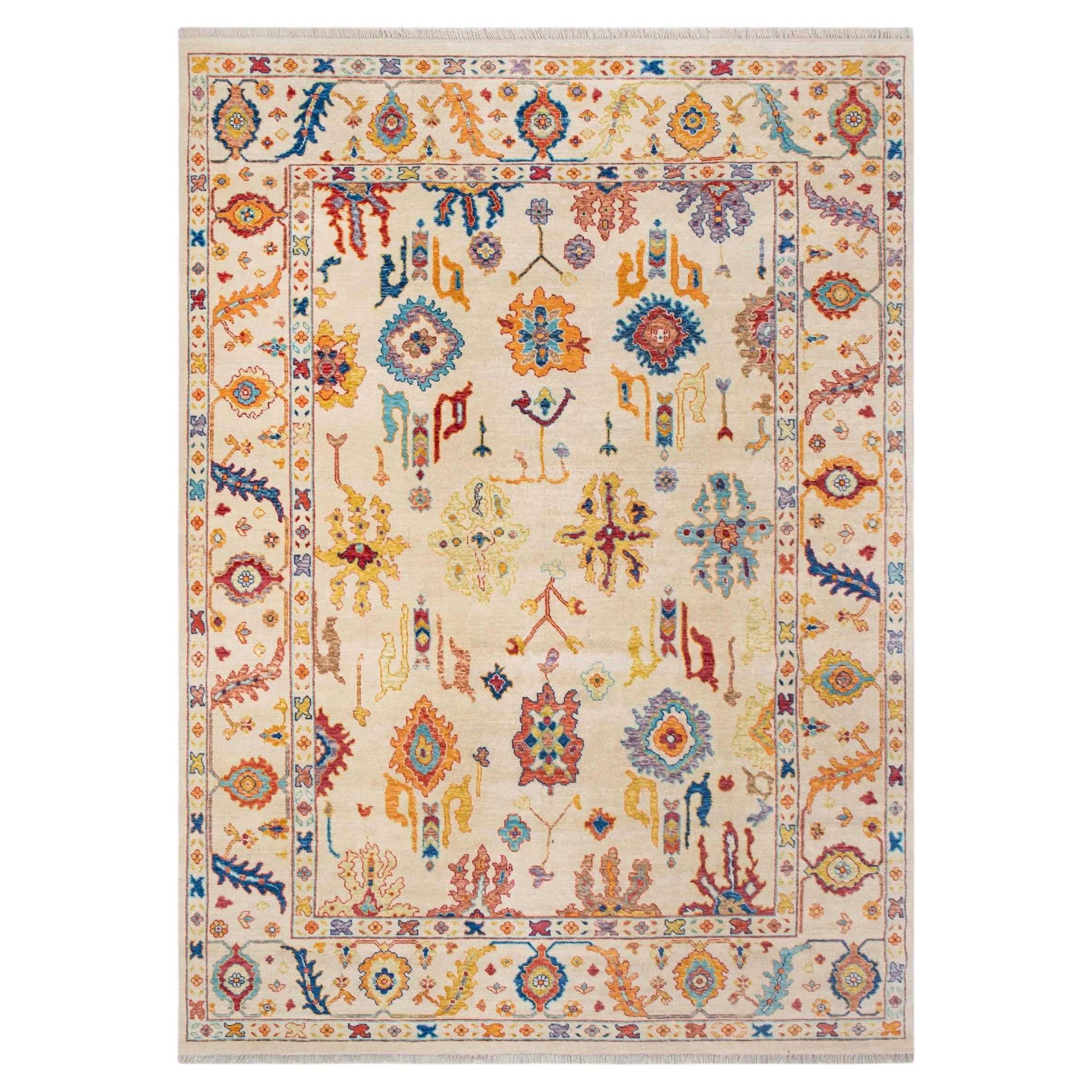 10x14 Ivory Bright Colors Turkish Oushak Hand Knotted Wool Rug ( OAC - 33 )