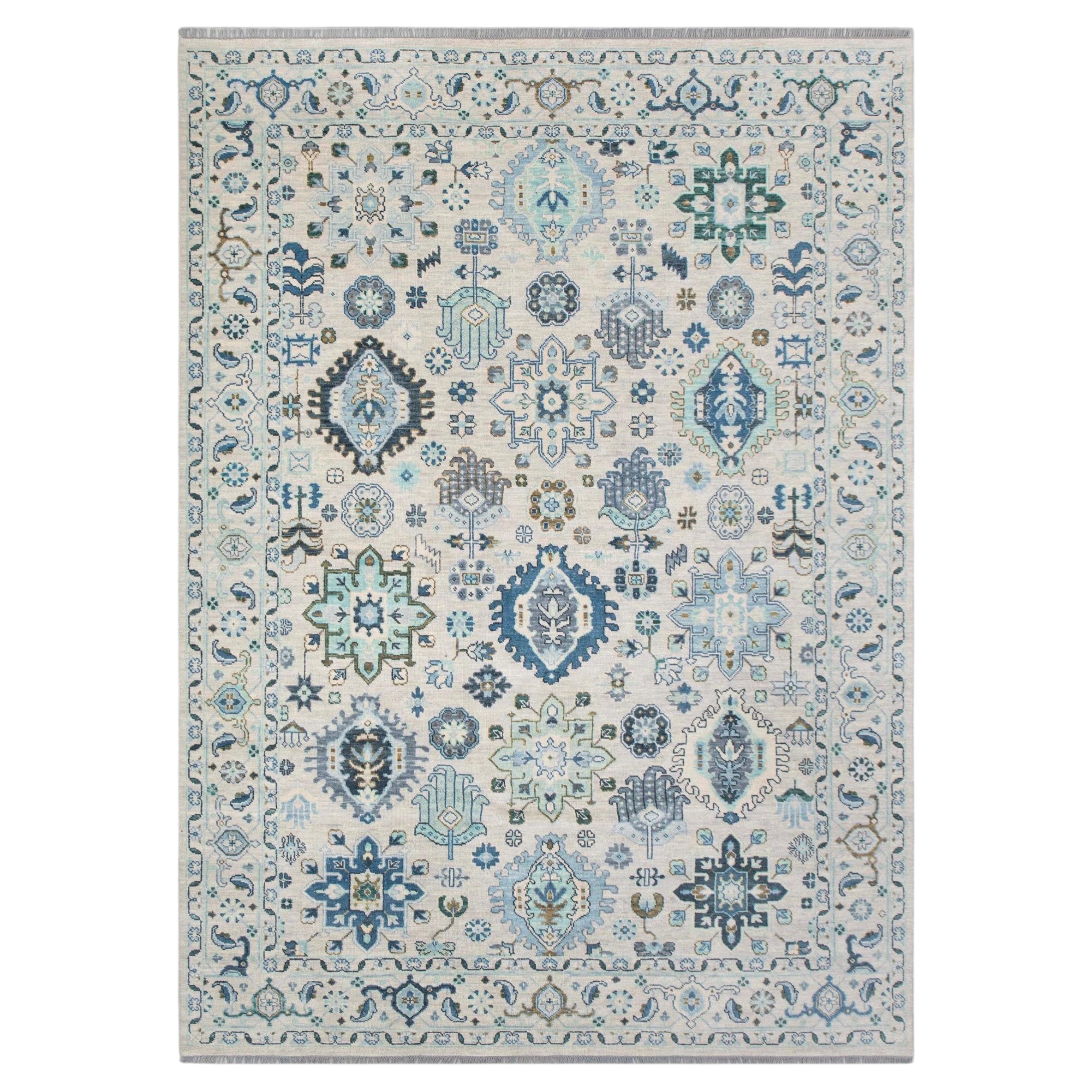 10x14 Ivory Blue Turkish Oushak Hand Knotted Wool Rug ( OAC - 47 ) For Sale