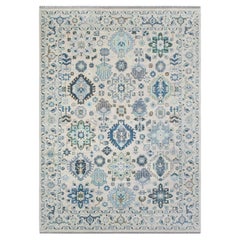 10x14 Ivory Blue Turkish Oushak Hand Knotted Wool Rug ( OAC - 47 )