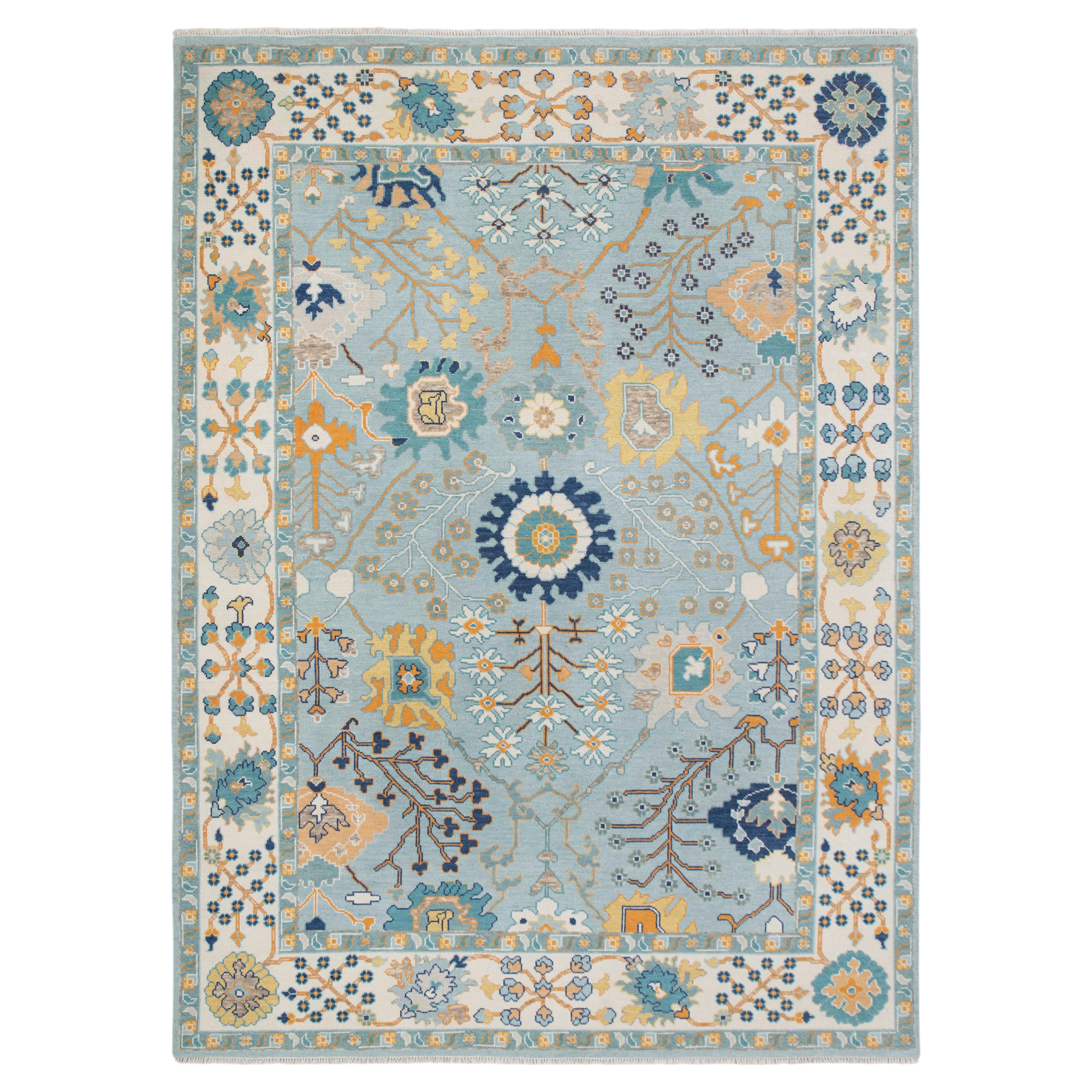 9x12 Ivory Blue Traditional Oushak Hand Knotted Wool Rug ( JC-10234 )