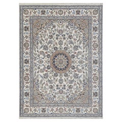 8x10 Ivory Cream Medallion Persian Hand Knotted Nain Wool Silk Rug ( G - 5432)