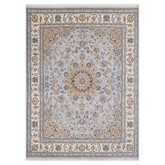 8x10 Ivory Blue Medallion Persian Hand Knotted Nain Wool Silk Rug ( G - 11156 )