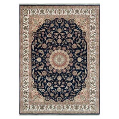 9x12 Navy Cream Medallion Persian Hand Knotted Nain Wool Silk Rug ( Nain )