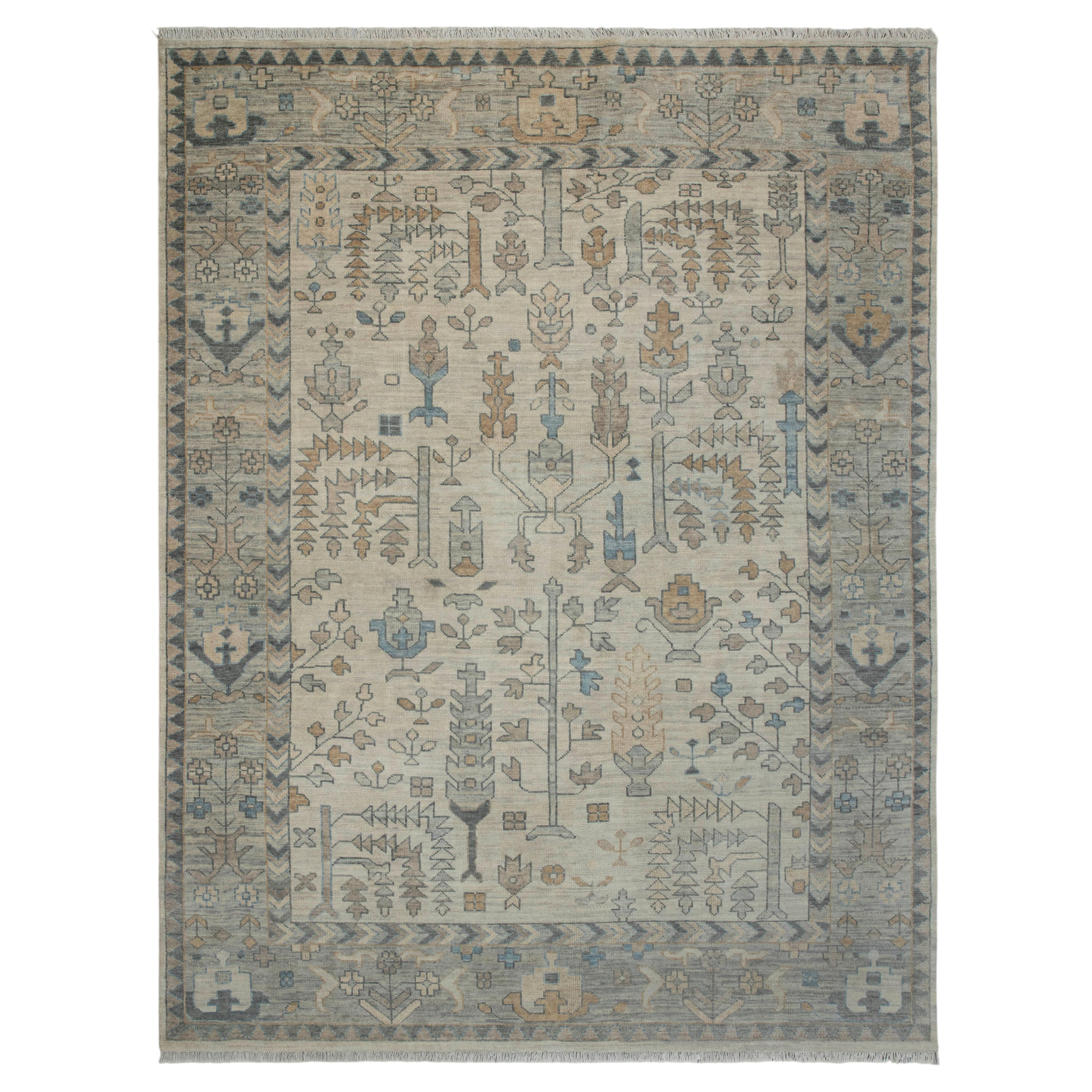 12x15 Muted Ivory Tones Tree Of Life Hand Knotted Oushak Wool Rug ( G-14780 )