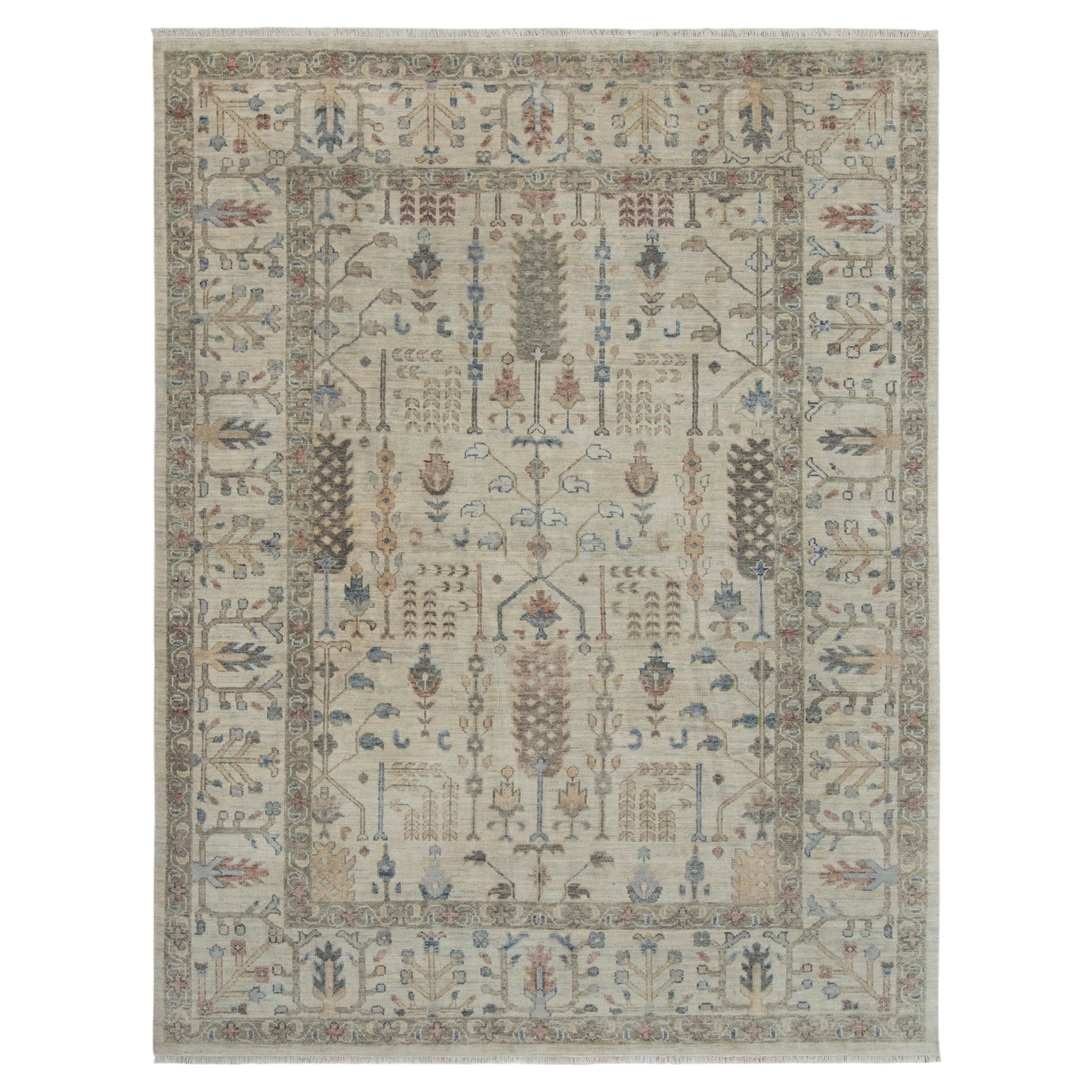 12x15 Muted Ivory Tones Tree Of Life Hand Knotted Oushak Wool Rug ( G-13239 )