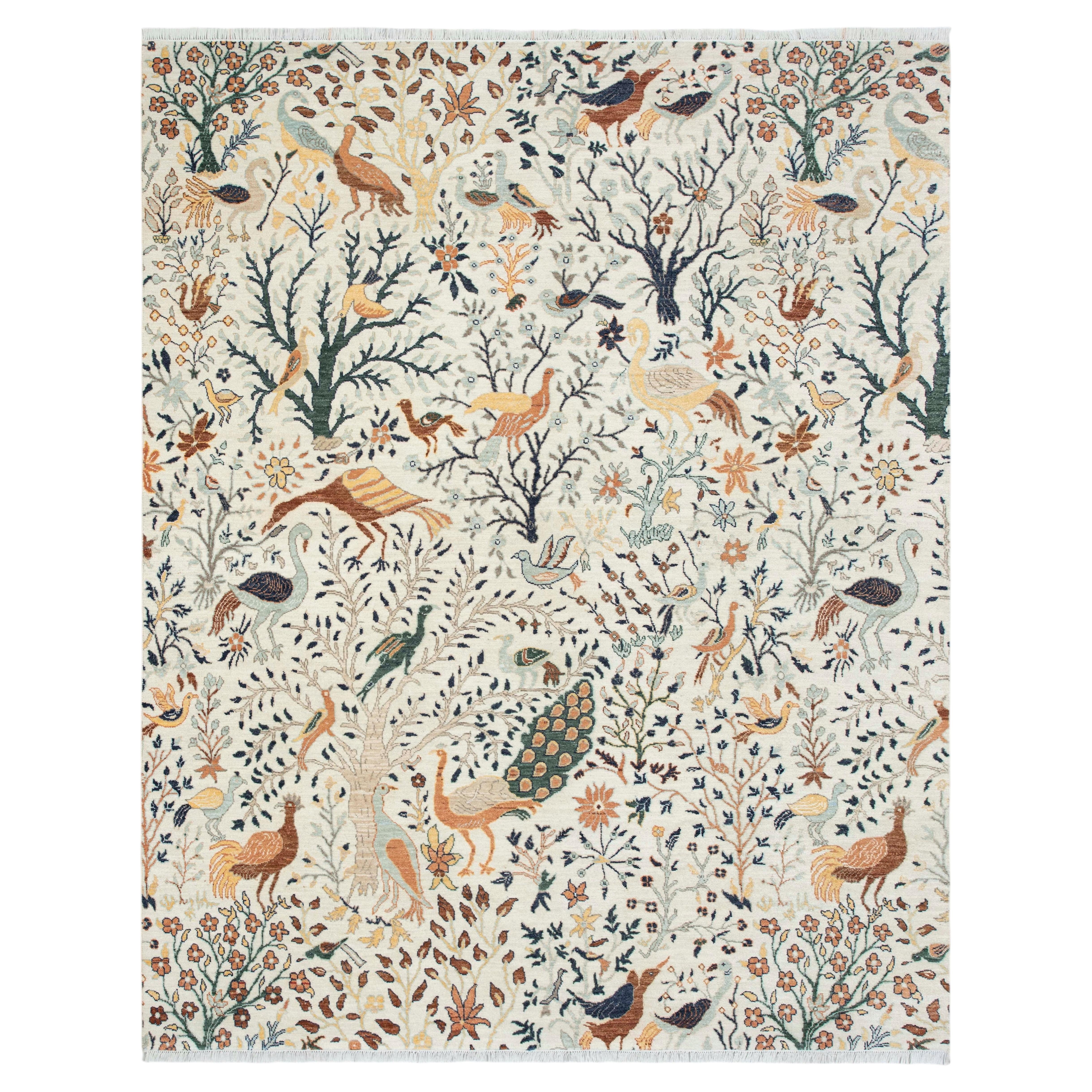 8x10 Ivory Gray Birds Peacock Garden Hand Knotted Oushak Wool Rug ( JC-14571 )