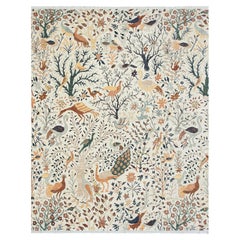 8x10 Ivory Gray Birds Peacock Garden Hand Knotted Oushak Wool Rug ( JC-14571 )