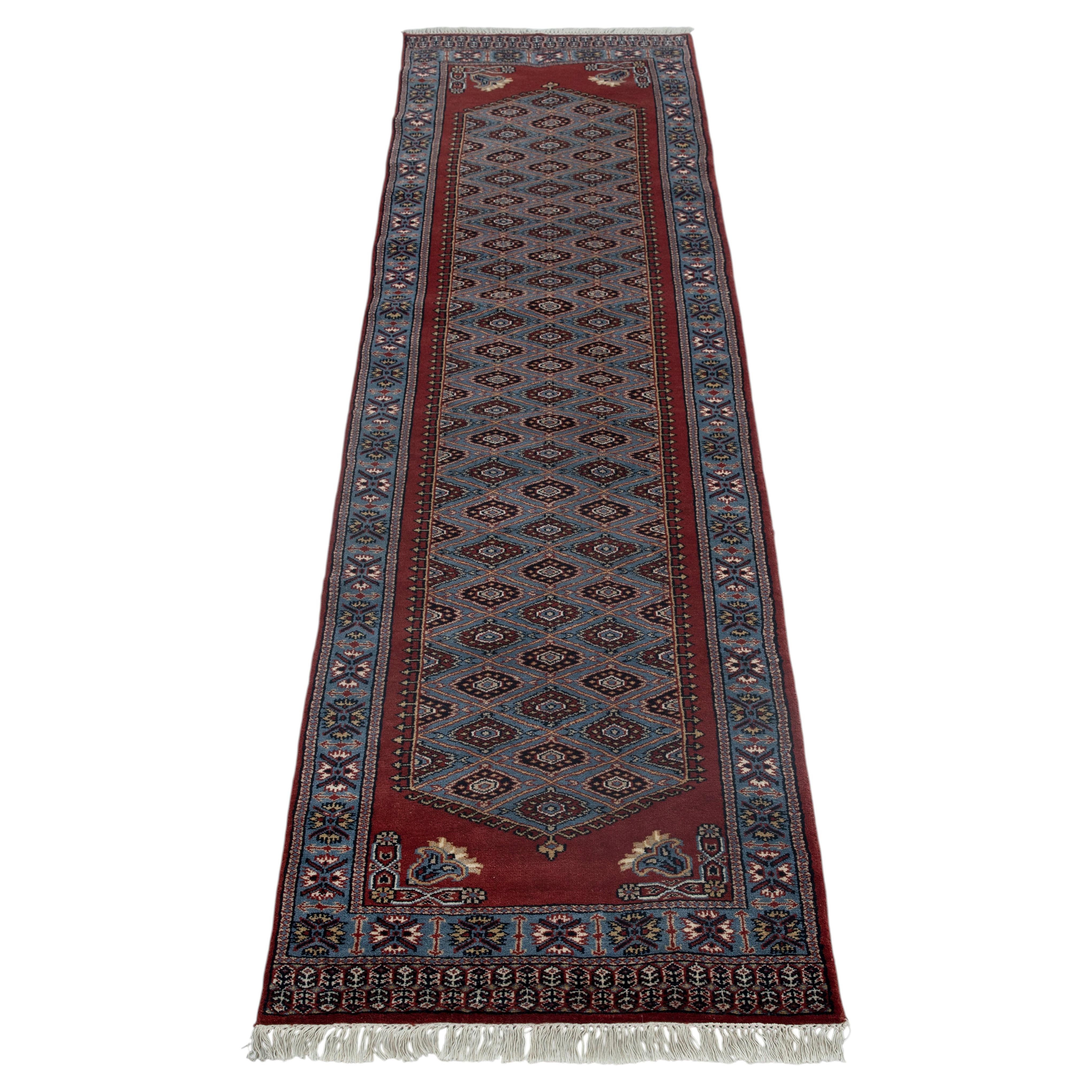 2.6x10 Bluish Gray Persian Bokhara Hand Knotted Wool Runner Rug ( H-7 ) For Sale