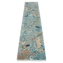 2.6x15 Ft Blue Birds Peacock Tree Garden Hand Knotted Wool Rug ( JC-12780 )