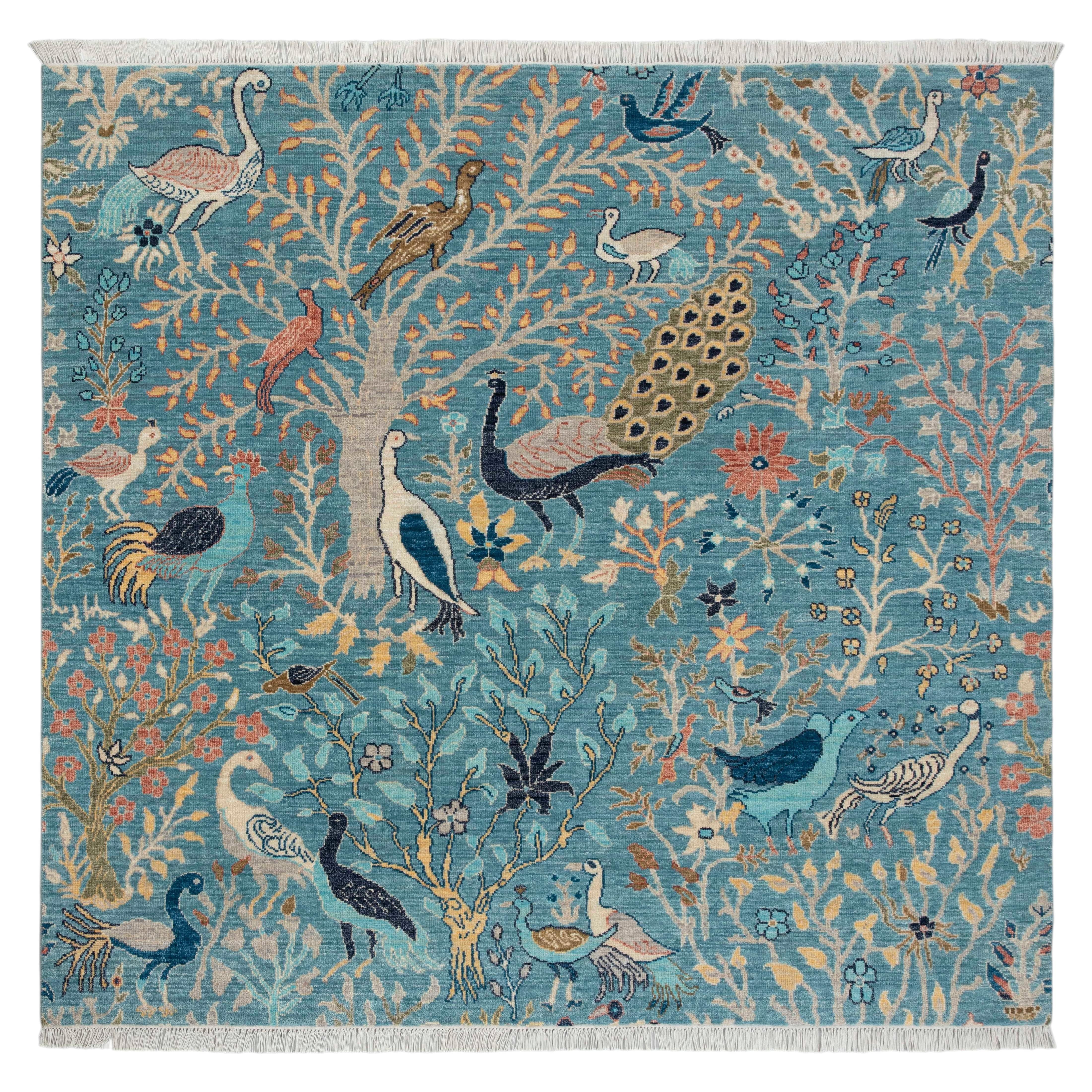 6x6 Ft Blue Birds Peacock Tree Garden Hand Knotted Wool Rug ( JC-13600 ) For Sale