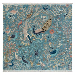6x6 Ft Blue Birds Peacock Tree Garden Hand Knotted Wool Rug ( JC-13600 )