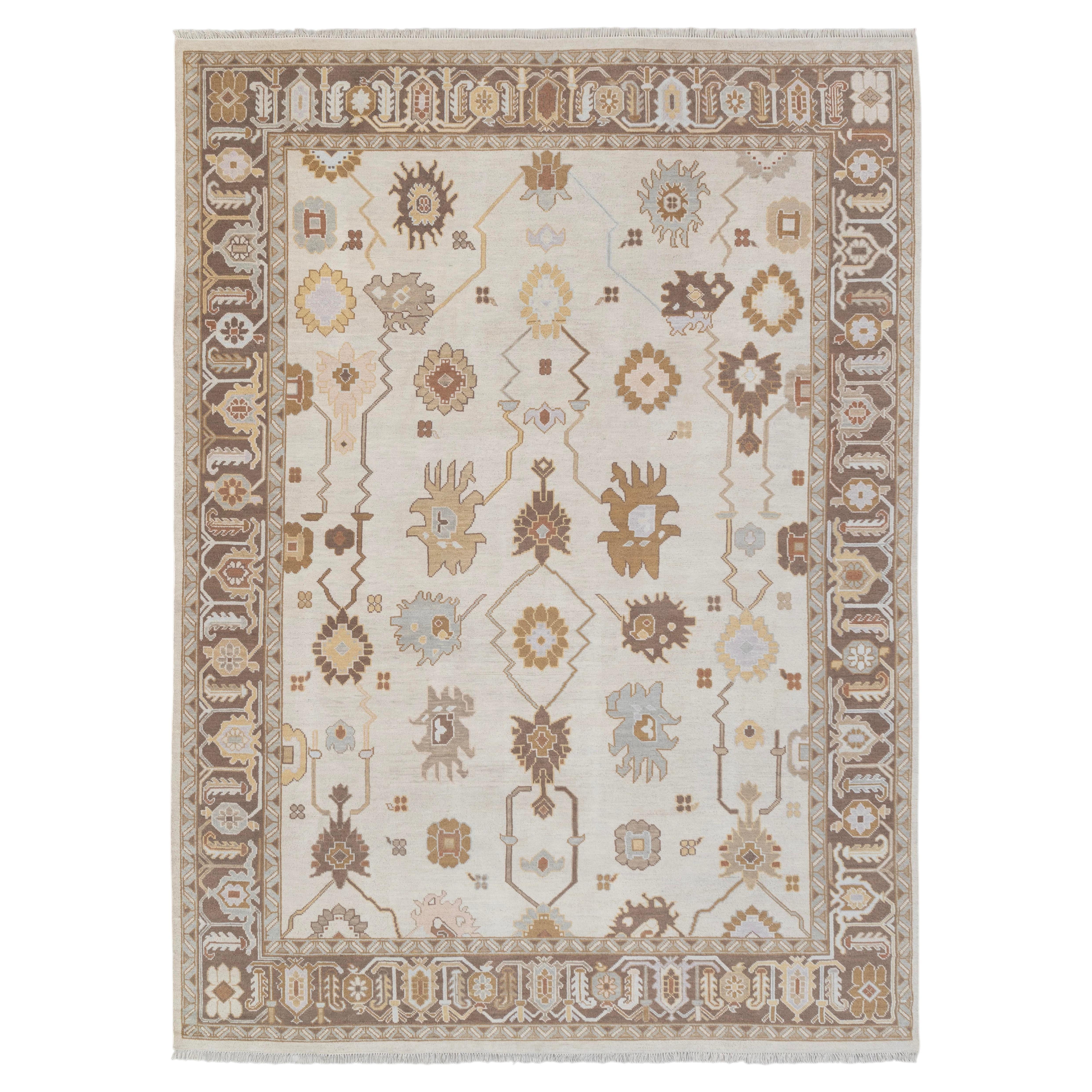 10x14 Ivory Brown Turkish Oushak Design Hand Knotted Wool Rug ( JC - 5302 )
