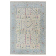 10x14 Cream Blue Tree Of Life Hand Knotted Oushak Design Wool Rug ( 2174 )