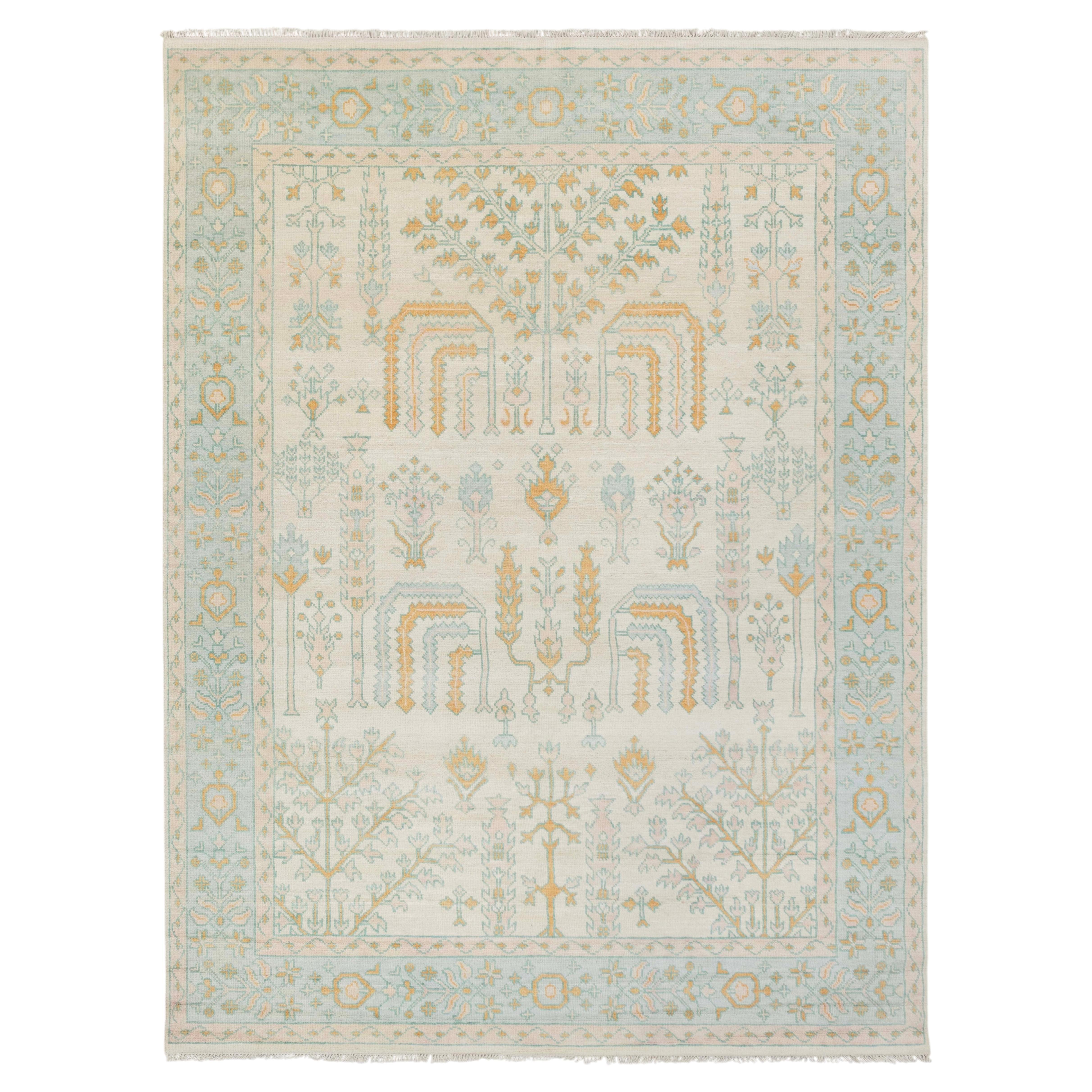 10x14 Cream White Blue Tree Of Life Hand Knotted Oushak Design Wool Rug ( 2285 )