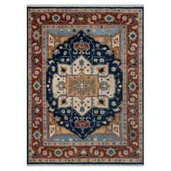 Tapis en laine noué à la main « Serapi » 8x10, couleur bleu marine et rouille, motif Taj Mahal (MT - 359)