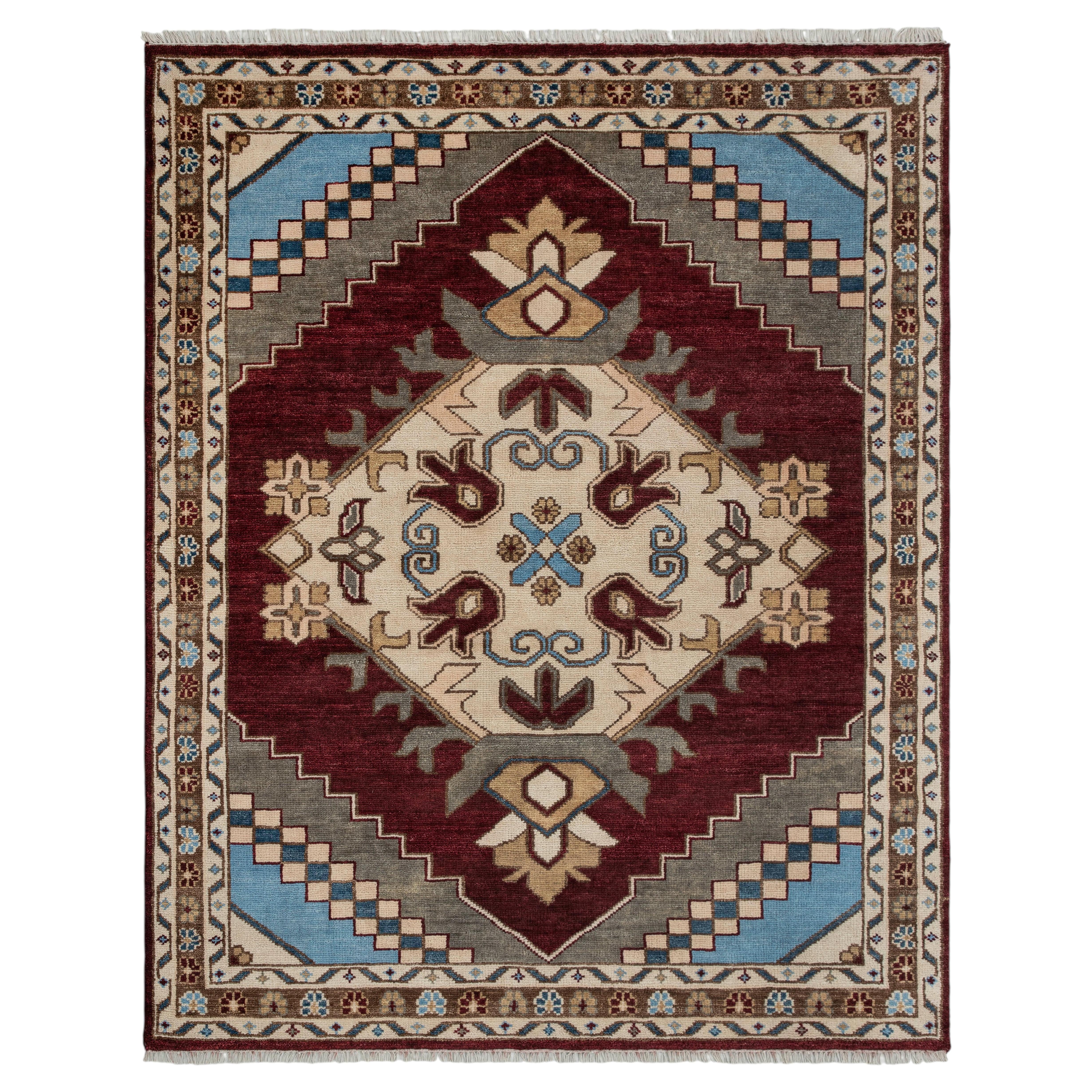 8x10 Burgundy Crimson Geometric Medallion Hand Knotted Wool Rug ( MT - 360 ) For Sale