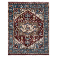 Tapis floral 8x10 aux motifs persans traditionnels, couleur rouille et bleu marine (MT - 363)