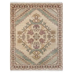 Tapis en laine noué à la main, 8x10, couleur ivoire et vert sauge, d'inspiration tribale Oushak (MT - 367)