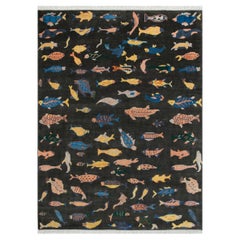 8x10 Black Colorful Fishes Plush Feel Wool Hand Knotted Rug ( G - 14144 )