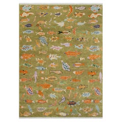8x10 Green Colorful Fishes Plush Feel Wool Hand Knotted Rug ( G - 14143 )