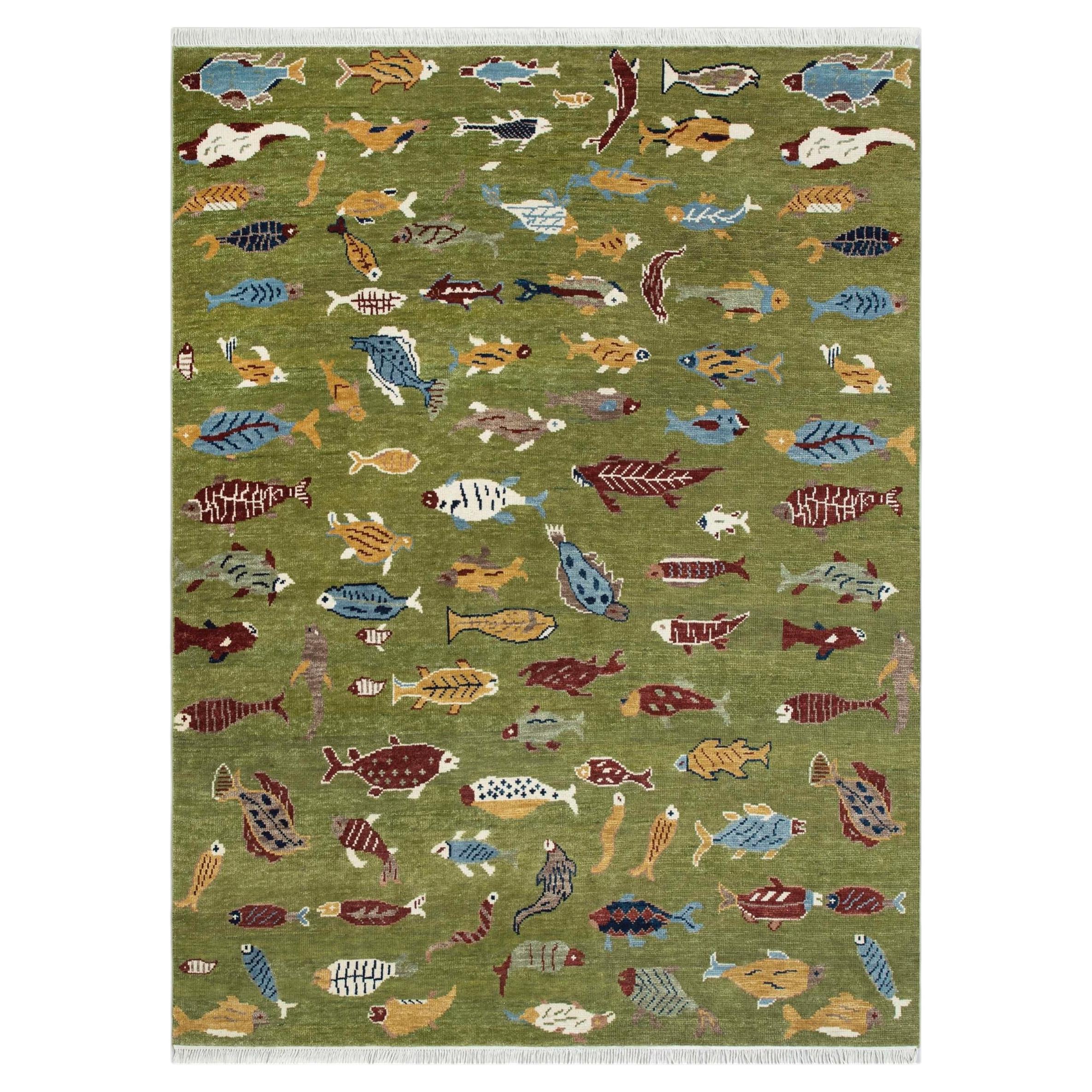 8x10 Green Colorful Fishes Plush Feel Wool Hand Knotted Rug ( G - 14132 )