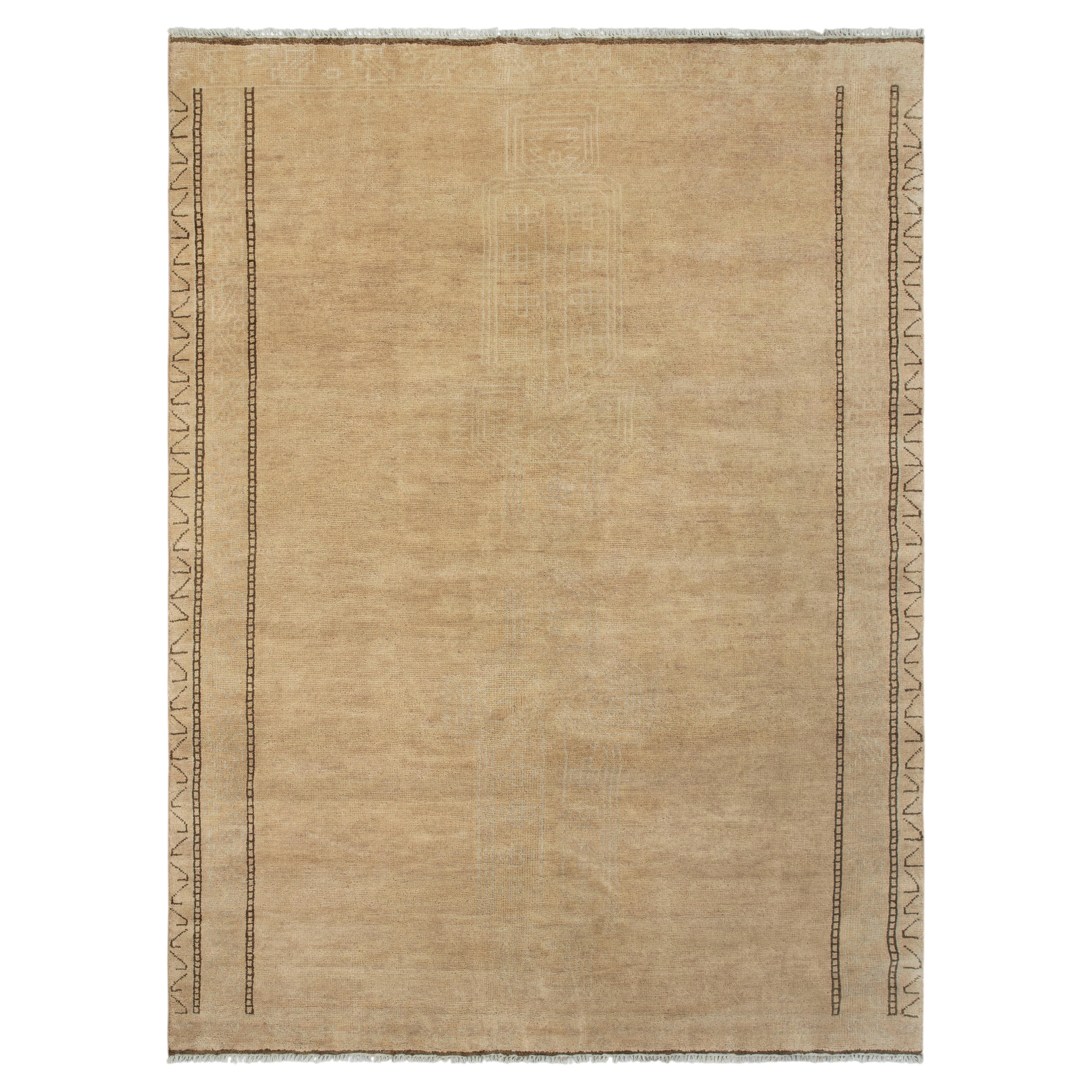 9x12 Camel Beige Modern Minimalist with Tribal Border Hand Knotted Rug (G-15322)