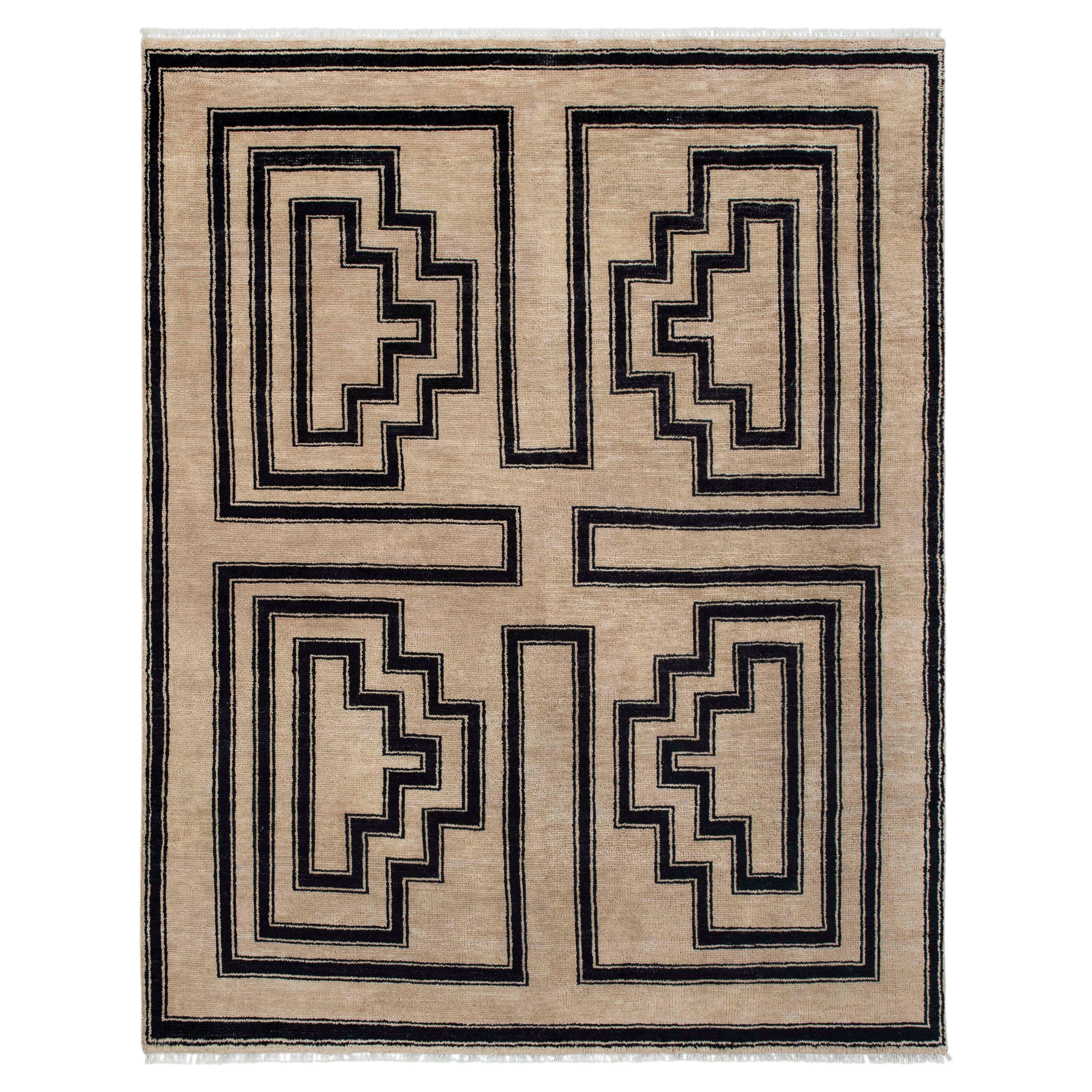 8x10 Beige Brown Black Geometric Hand Knotted Wool Rug ( G - 15372 )