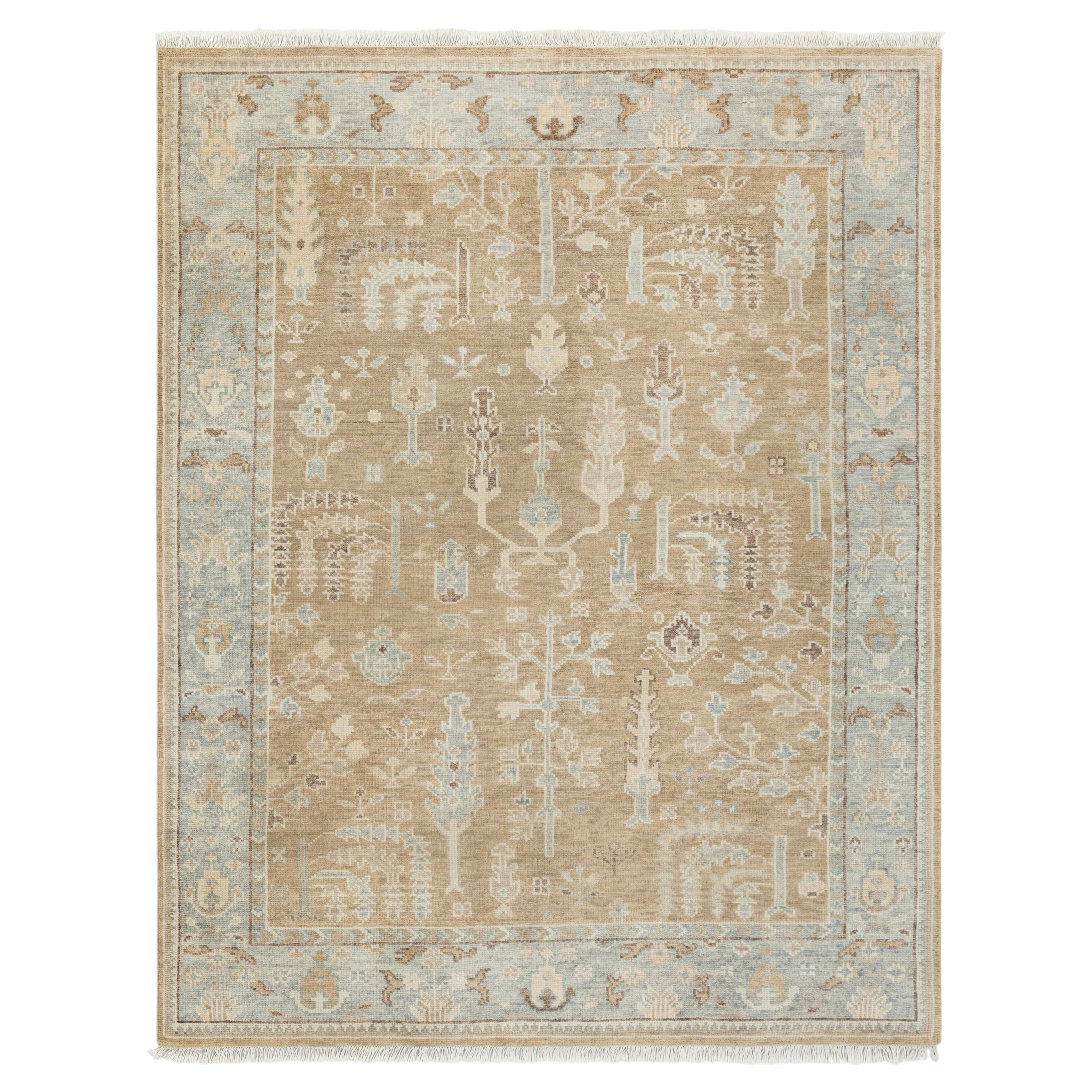 8x10 Beige Blue Tree Of Life Hand Knotted Oushak Wool Rug ( G - 15413 )