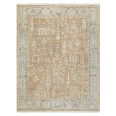 8x10 Beige Blue Tree Of Life Hand Knotted Oushak Wool Rug ( G - 15413 )