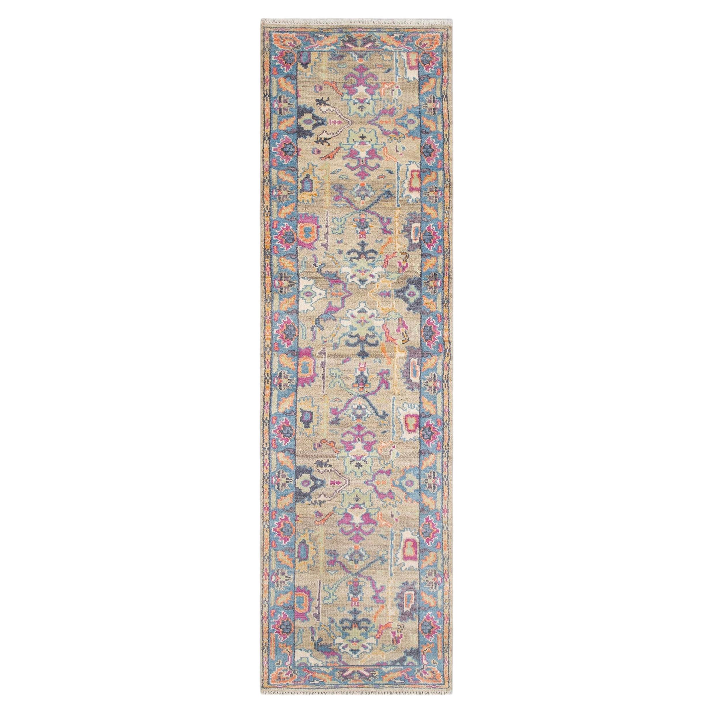 Tappeto per scale in lana annodato a mano, modello Oushak turco, grigio-blu, 2,6 x 12 (G - 11475)