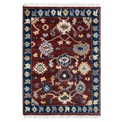 4x5 Burgundy Blue Wool Vintage Turkish Style Area Rug ( MT - 357 )