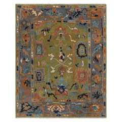 Tapis en laine turc Oushak 8 x 10, noué à la main, coloré, vert et gris (G - 15515)