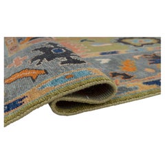 Tapis en laine turc Oushak 8 x 10, noué à la main, coloré, vert et gris (G - 15515)
