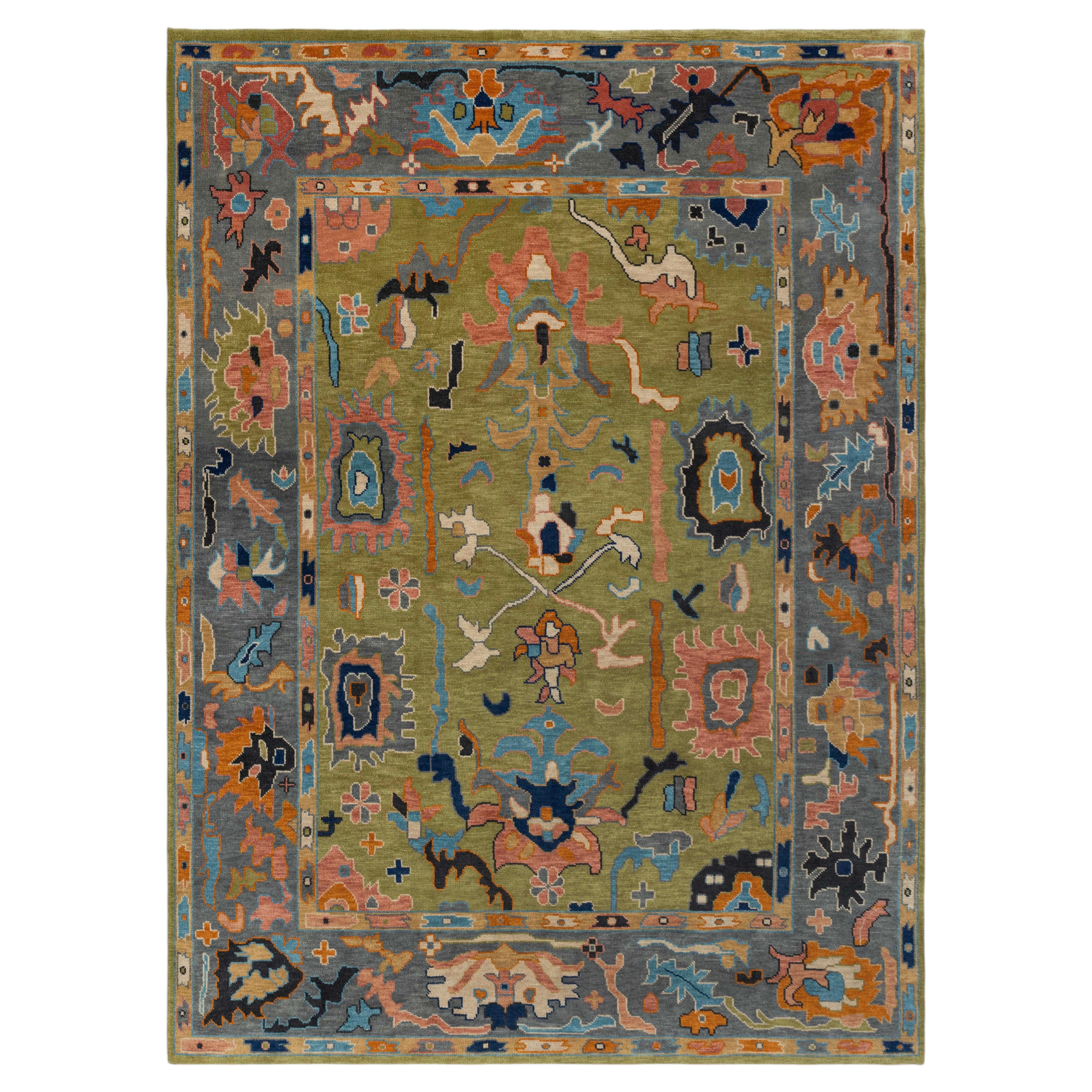 9x12 Green Gray Colorful Turkish Oushak Hand Knotted Wool Rug ( G - 15516 )
