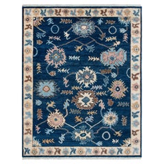 Tapis en laine noué à la main de style Oushak, motif floral bleu marine et ivoire, 8 x 10 (MT - 366)