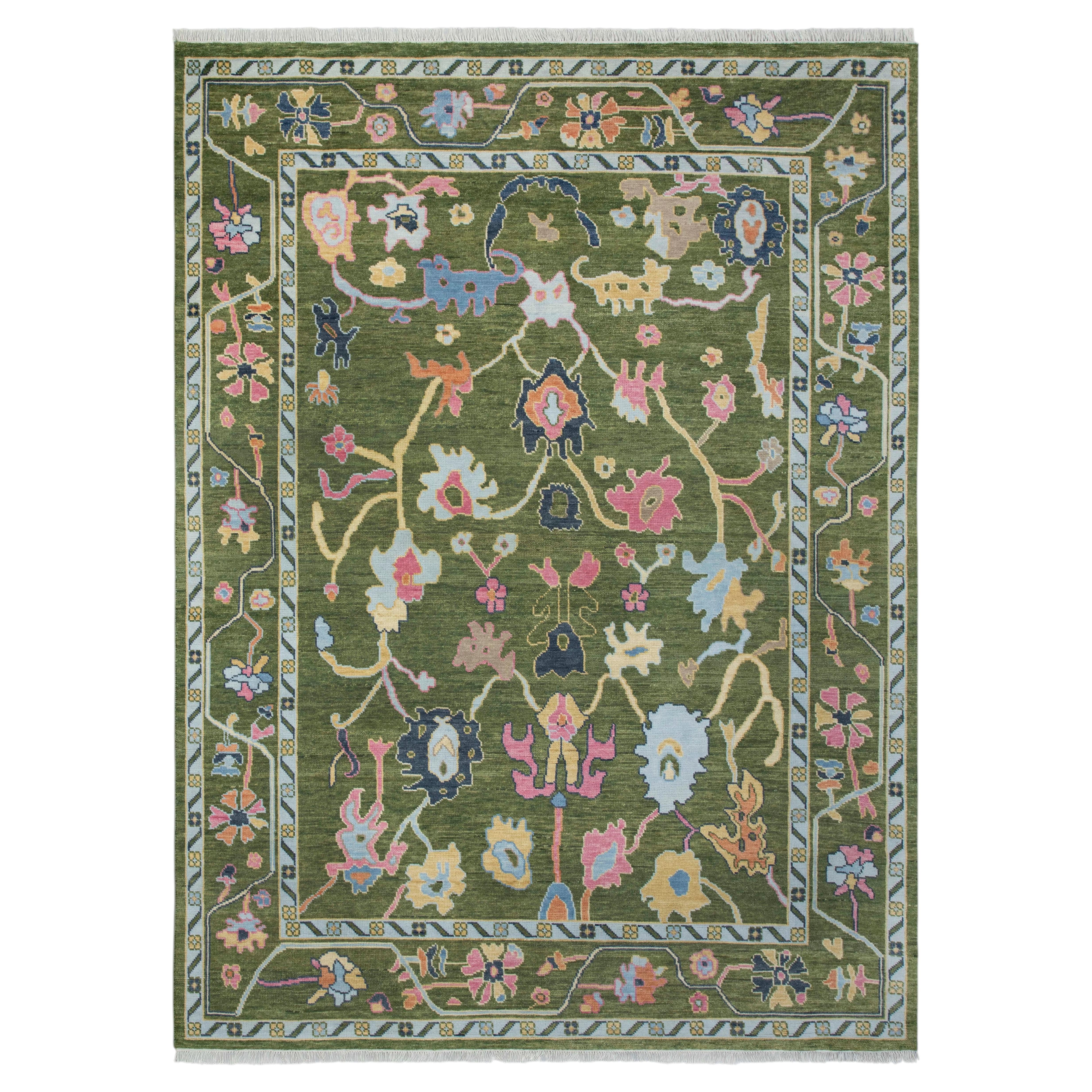 9x12 Green Vintage Turkish Style Handwoven Floral Wool Rug ( G - 15726 )
